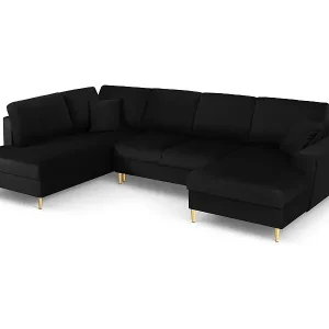 Cosmopolitan Design - 7-Sitzer ausklappbares Panoramasofa mit Bettkasten links "Kyoto" aus Samt schwarz - 313x194x88cm Abverkauf