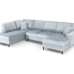 Nur Heute Cosmopolitan Design - 7-Sitzer ausklappbares Panoramasofa mit Bettkasten links "Kyoto" aus Samt hellblau - 313x194x88cm