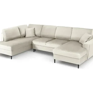 Kostenloser Rückversand Cosmopolitan Design - 7-Sitzer ausklappbares Panoramasofa mit Bettkasten links "Kyoto" aus Samt leichtes beige - 313x194x88cm