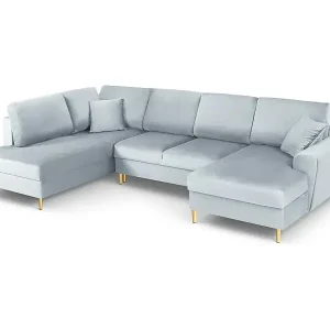 Cosmopolitan Design - 7-Sitzer ausklappbares Panoramasofa mit Bettkasten links "Kyoto" aus Samt hellblau - 313x194x88cm Neu Im Sortiment