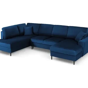 Cosmopolitan Design - 7-Sitzer ausklappbares Panoramasofa mit Bettkasten links "Kyoto" aus Samt königsblau - 313x194x88cm Finale Aktion