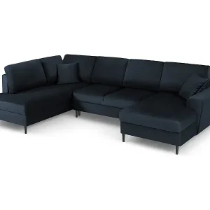 Online Kaufen Cosmopolitan Design - 7-Sitzer ausklappbares Panoramasofa mit Bettkasten links "Kyoto" aus Samt dunkelblau - 313x194x88cm