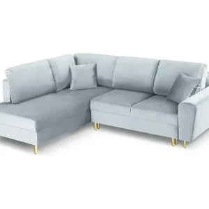 Cosmopolitan Design - 5-Sitzer ausklappbares Ecksofa links mit Container "Kyoto" aus Samt hellblau - 243x194x88cm Preisreduziert