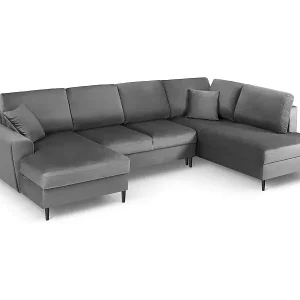 Cosmopolitan Design - 7-Sitzer ausklappbares Panoramasofa mit Bettkasten rechts "Kyoto" aus Samt hellgrau - 313x194x88cm Kostenfreie Lieferung