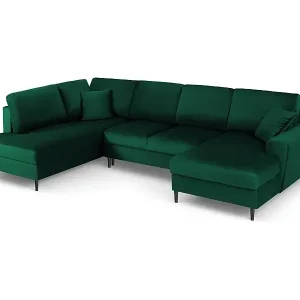 Bestseller Cosmopolitan Design - 7-Sitzer ausklappbares Panoramasofa mit Bettkasten links "Kyoto" aus Samt flaschengrün - 313x194x88cm