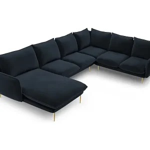 Cosmopolitan Design - 7-Sitzer Panoramasofa rechts "Vienna" aus Samt dunkelblau - 330x235x95cm Bestpreis