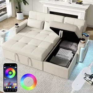 Ausziehbares Schlafsofa – 209 x 141,5 x 90 cm – mit LED-Beleuchtung, USB-Anschluss, verstellbarer Rückenlehne und Stauraum – Chenille – Beige Solange Der Vorrat Reicht