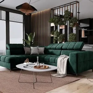 Garantierte Lieferung Ecksofa PABLO 279x201 cm, Schlaffunktion, Bettkasten, verstellbare Kopfstützen, weicher CLOUD-Stoff, Metallfüße, Anordnung links, grün