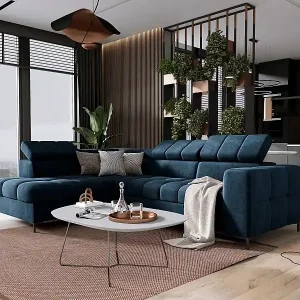 Abverkauf Ecksofa PABLOS mit verstellbarem Kopfteil 279x201cm | Schlaf- und Lagermöglichkeiten, Dunkelblau Vogue, Links