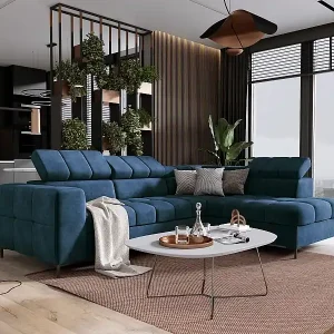 Top-Preis Ecksofa PABLO 279x201 cm, Schlafsofa, verstellbare Kopfstützen, Bettkasten, Metallfüße, CLOUD-Stoff, gerade Anordnung, blau