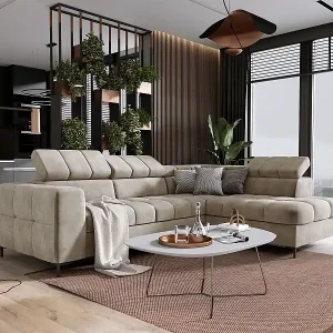 Rabatt Ecksofa PABLO 279x201 cm, Schlafsofa, verstellbare Kopfstützen, Bettkasten, Metallfüße, CLOUD-Stoff, gerade Anordnung, beige