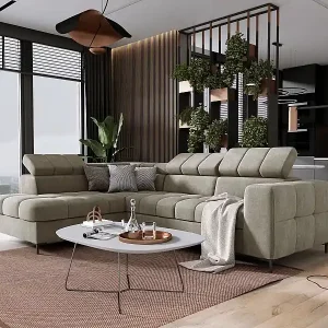 Kostenloser Rückversand Ecksofa PABLO 279x201 cm mit Bett, Bettkasten, verstellbare Kopfstützen, weicher, pflegeleichter VOGUE-Stoff, Metallfüße, links, GRÜN