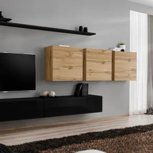 Expressversand Wohnwand im außergewöhnlichen Design Balestrand 110, Farbe: Schwarz / Eiche Wotan - Abmessungen: 150 x 340 x 40 cm (H x B x T), mit Push-to-open Funktion