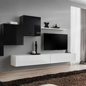 Elegante Wohnwand Balestrand 150, Farbe: Schwarz / Weiß - Abmessungen: 150 x 330 x 40 cm (H x B x T), mit Push-to-open Funktion Wochenendangebot