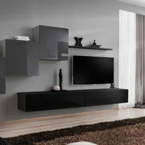 Sofort Bestellen Wohnwand im modernen Design Balestrand 153, Farbe: Grau / Schwarz - Abmessungen: 150 x 330 x 40 cm (H x B x T), mit fünf Türen