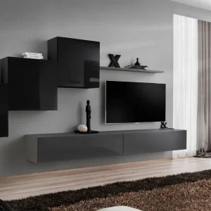 Stylische Wohnwand Balestrand 154, Farbe: Schwarz / Grau - Abmessungen: 150 x 330 x 40 cm (H x B x T), mit fünf Türen Neu Im Sortiment