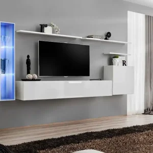 Elegante Wohnwand mit LED-Beleuchtung Balestrand 161, Farbe: Weiß - Abmessungen: 160 x 330 x 40 cm (H x B x T), mit 11 Fächern Neuheit
