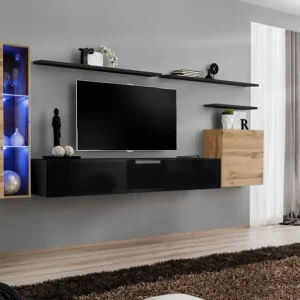 Kostenloser Versand Außergewöhnliche Wohnwand Balestrand 173, Farbe: Eiche Wotan / Schwarz - Abmessungen: 160 x 330 x 40 cm (H x B x T), mit vier Türen und 11 Fächern