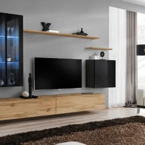 Wohnwand Balestrand 190, Farbe: Schwarz / Eiche Wotan - Abmessungen: 160 x 270 x 40 cm (H x B x T), mit LED-Beleuchtung Neu