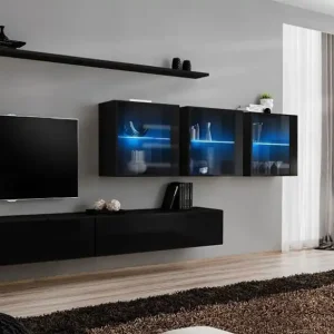 Wohnwand im schlichten Design Balestrand 258, Farbe: Schwarz - Abmessungen: 150 x 340 x 40 cm (H x B x T), mit LED-Beleuchtung Gratis Versand