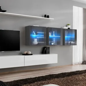 Expressversand Wohnwand im eleganten Design Balestrand 263, Farbe: Weiß / Grau - Abmessungen: 150 x 340 x 40 cm (H x B x T), mit 10 Fächern