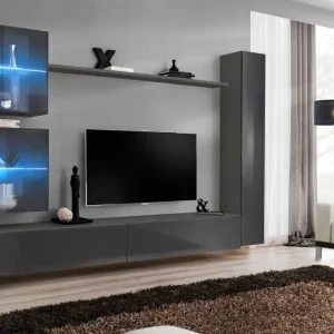 Moderne Wohnwand Balestrand 275, Farbe: Grau - Abmessungen: 180 x 280 x 40 cm (H x B x T), mit LED-Beleuchtung Kostenfreie Lieferung