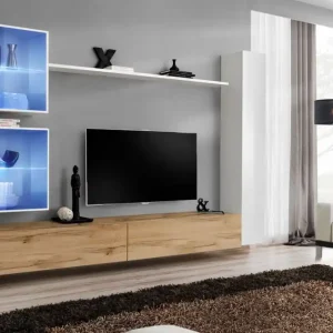 Echt Wohnwand mit genügend Stauraum Balestrand 284, Farbe: Weiß / Eiche Wotan - Abmessungen: 180 x 280 x 40 cm (H x B x T), mit Push-to-open Funktion