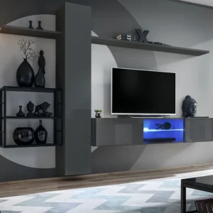 Garantierte Lieferung Wohnzimmerwand im modernen Design Valand 19, Farbe: Grau - Abmessungen: 180 x 270 x 40 cm (H x B x T), mit Push-to-open Funktion