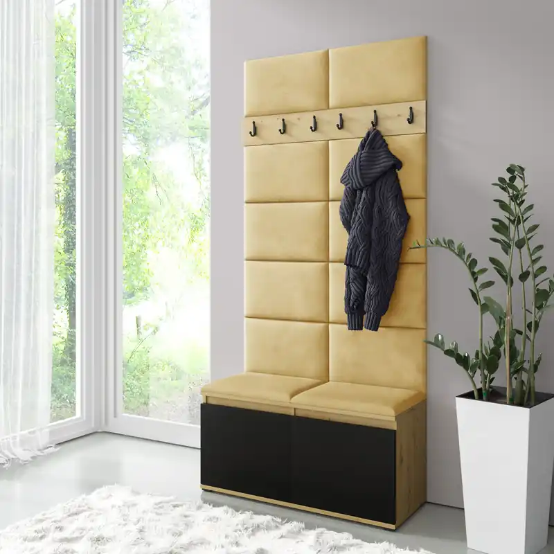 Direktkauf Kleine Garderobe 01 für 8 Paar Schuhe, mit Sitzbank gepolstert, Artisan/Schwarz/Naples Yellow, 15x100x40 cm, 6 Kleiderhaken, 4 Fächer, Schuhschrank