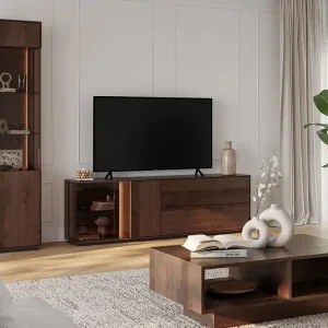 Wohnzimmer Komplett - Set C Sienne, 3-teilig, Massivholz Wildeiche, in Tabacco geölt, Push-to-open Funktion, inkl. LED-Beleuchtung, getöntes Glas Nur Für Kurze Zeit