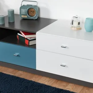 Jugendzimmer TV Unterschrank Ohey 08, Farbe: Grau / Weiß / Blau - Abmessungen: 45 x 120 x 50 cm (H x B x T) Beliebt