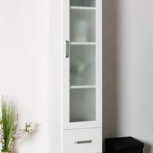 Abverkauf Weiße Vitrine Kiefer Massivholz Columba 03, stabil und modern, 195 x 40 x 50 cm, mit 4 Fächern und 2 geräumigen Schubladen