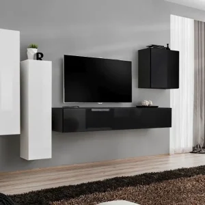 Nur Für Kurze Zeit Wohnwand mit modernen Design Balestrand 37, Farbe: Weiß / Schwarz - Abmessungen: 160 x 330 x 40 cm (H x B x T), mit fünf Türen