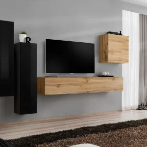 Begrenztes Angebot Außergewöhnliche Wohnwand Balestrand 46, Farbe: Schwarz / Eiche Wotan - Abmessungen: 160 x 330 x 40 cm (H x B x T), mit Push-to-open Funktion