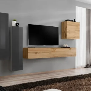 Versand Am Gleichen Tag Wohnwand Balestrand 48, Farbe: Grau / Eiche Wotan - Abmessungen: 160 x 330 x 40 cm (H x B x T), mit Push-to-open Funktion