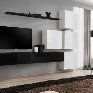 Finale Aktion Eleganten Wohnwand Balestrand 134, Farbe: Schwarz / Weiß - Abmessungen: 200 x 310 x 40 cm (H x B x T), mit Push-to-open Funktion