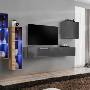 Kostenfreie Lieferung Wohnwand im stylischen Design Balestrand 207, Farbe: Eiche Wotan / Grau - Abmessungen: 160 x 330 x 40 cm (H x B x T), mit fünf Türen