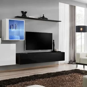 Angebot Wohnwand mit Push-to-open Funktion Balestrand 229, Farbe: Weiß / Schwarz - Abmessungen: 150 x 250 x 40 cm (H x B x T), mit sieben Fächern