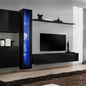 Top-Angebot Wohnwand im modernen Design Balestrand 242, Farbe: Schwarz - Abmessungen: 180 x 330 x 40 cm (H x B x T), mit LED-Beleuchtung