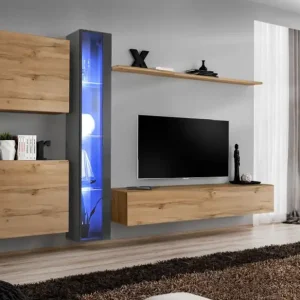 Wohnwand mit zwei Hängeschränke Balestrand 256, Farbe: Grau / Eiche Wotan - Abmessungen: 180 x 330 x 40 cm (H x B x T), mit LED-Beleuchtung Jetzt Bestellen