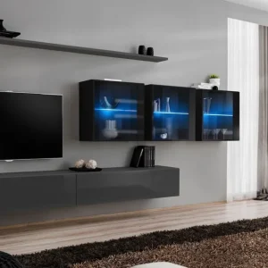 Wohnwand im stylischen Design Balestrand 265, Farbe: Grau / Schwarz - Abmessungen: 150 x 340 x 40 cm (H x B x T), mit Push-to-open Funktion Sonderaktion