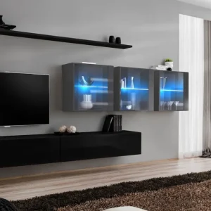 Wohnwand mit drei Hängevitrinen Balestrand 266, Farbe: Schwarz / Grau - Abmessungen: 150 x 340 x 40 cm (H x B x T), mit genügend Stauraum Neue Ware