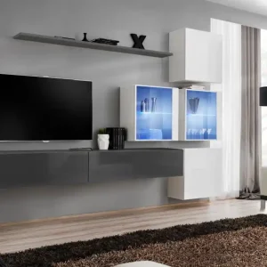 Stylische Wohnwand Balestrand 296, Farbe: Grau / Weiß - Abmessungen: 200 x 310 x 40 cm (H x B x T), mit LED-Beleuchtung Kracherpreis