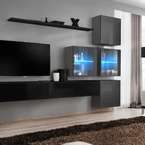 Meistverkauft Edle Wohnwand Balestrand 298, Farbe: Schwarz / Grau - Abmessungen: 200 x 310 x 40 cm (H x B x T), mit Push-to-open Funktion