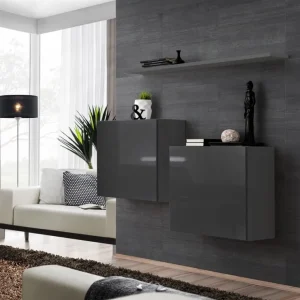 Highlight Zwei schlichte Hängeschränke mit Wandregal Balestrand 323, Farbe: Grau - Abmessungen: 110 x 130 x 30 cm (H x B x T), mit zwei Türen