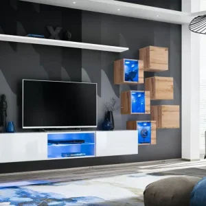 Echt Wohnwand im außergewöhnlichen Stil Volleberg 12, Farbe: Weiß / Eiche Wotan - Abmessungen: 140 x 260 x 40 cm (H x B x T), mit Push-to-open Funktion