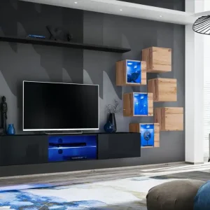 Super-Preis Wohnwand im edlen Stil Volleberg 14, Farbe: Schwarz / Eiche Wotan - Abmessungen: 140 x 260 x 40 cm (H x B x T), mit drei Hängevitrinen