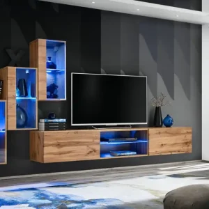 Moderne Wohnwand mit blauer LED-Beleuchtung Volleberg 20, Farbe: Eiche Wotan - Abmessungen: 120 x 210 x 40 cm (H x B x T), mit drei Hängevitrinen Abverkauf