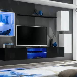 Wohnzimmer Wohnwand Volleberg 37, Farbe: Weiß / Schwarz - Abmessungen: 140 x 250 x 40 cm (H x B x T), mit LED-Beleuchtung Bestpreis