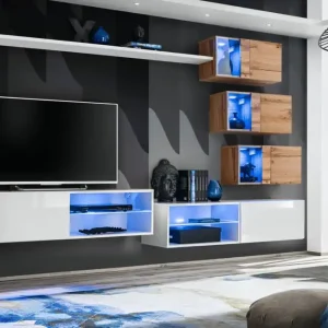 Top-Angebot Hängende Wohnwand Volleberg 60, Farbe: Weiß / Eiche Wotan - Abmessungen: 150 x 250 x 40 cm (H x B x T), mit blauer LED-Beleuchtung